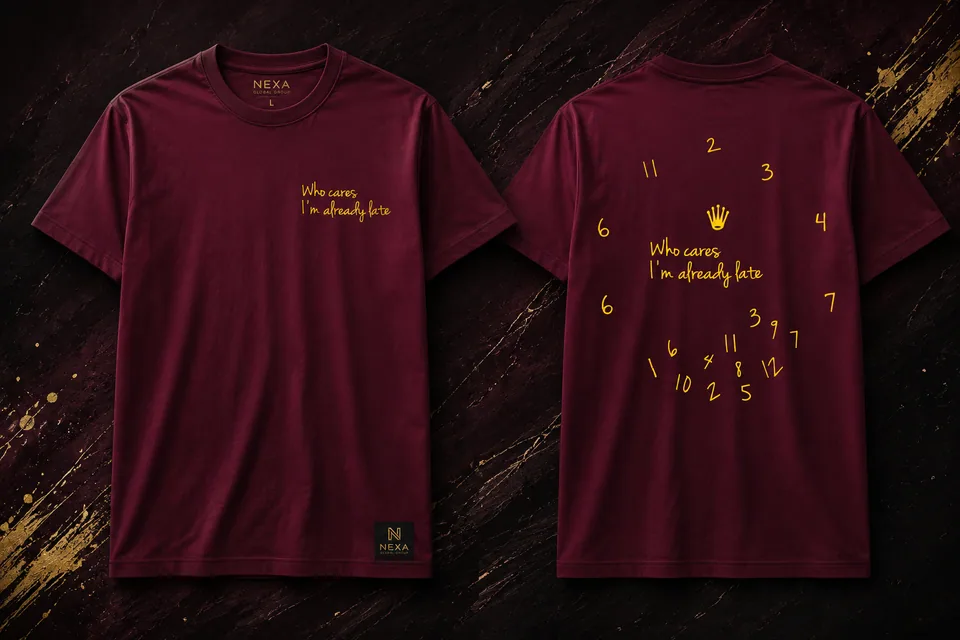 Late Mode maroon T-shirt front and back